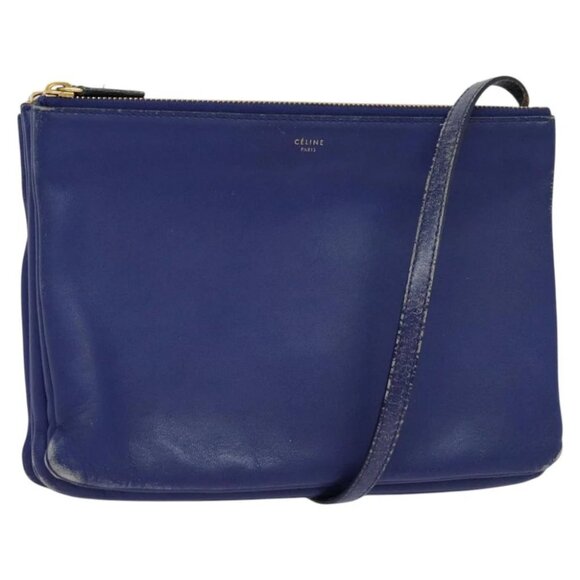 CELINE Trio Shoulder Bag Leather Blue Gold Auth
